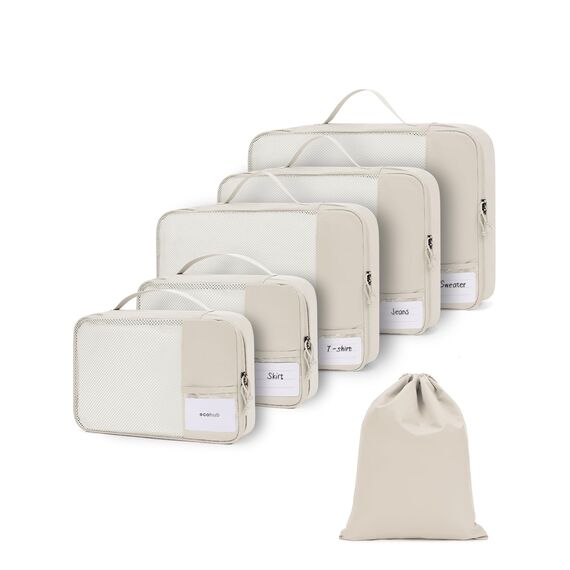 ECOHUB Koffer Organizer Set, 6-teilige Packing Cubes mit ID-Tag, Recycelte Packwürfel für Reisen, Leichte Packtaschen für Koffer, Atmungsaktiver Travel Rucksack Organizer, Patent anhängig(Beige)