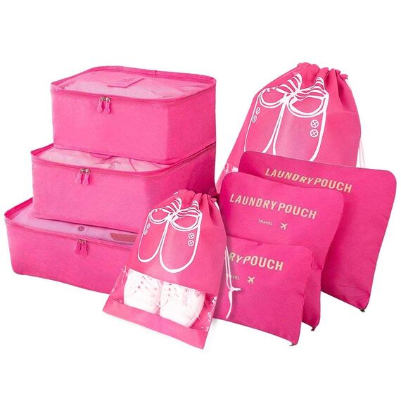 Vicloon Koffer Organizer, 8-in-1-Set Gepäck Organizer, wasserdichte Reise Kleidertaschen umfassen 2 Schuhbeutel, 3 Packwürfel und 3 Aufbewahrungsbeutel, für Kleidung Schuhe Kosmetik - Rose Rot