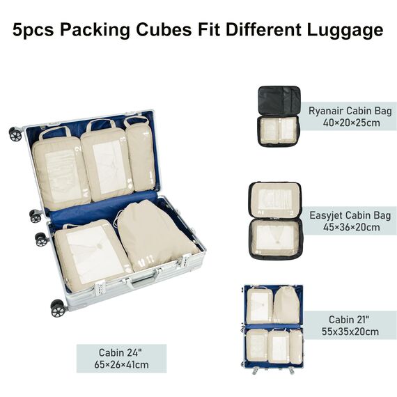 ECOHUB 5 Teilige Kompression Koffer Organizer Set für Rucksack Compression Packing Cubes Packwürfel Kofferorganizer Packtaschen Kleidertaschen für Koffer Reiseorganizer(Beige)