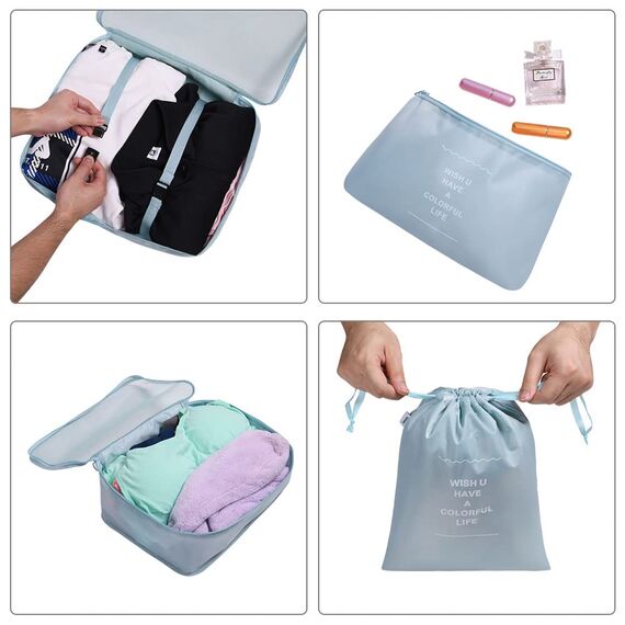 OSDUE Koffer Organizer Set 8-teilig, Packing Cubes, Wasserdichte Reise Kleidertaschen, Packtaschen für koffer, Verpackungswürfel mit Schuhbeutel, USB Kabel Tasche (Blauer See)