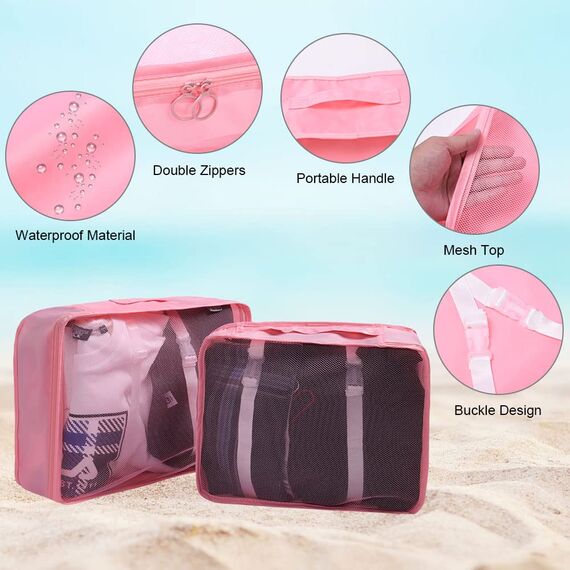 OSDUE Koffer Organizer Set 8-teilig, Packing Cubes, wasserdichte Reise Kleidertaschen, Packtaschen für Koffer, Verpackungswürfel mit Schuhbeutel, USB Kabel Tasche (Rosa)