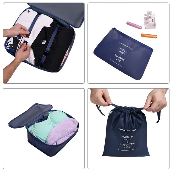 OSDUE Koffer Organizer Set 8-teilig, Packing Cubes, Wasserdichte Reise Kleidertaschen, Packtaschen für koffer, Verpackungswürfel mit Schuhbeutel, USB Kabel Tasche (Navy Blau)