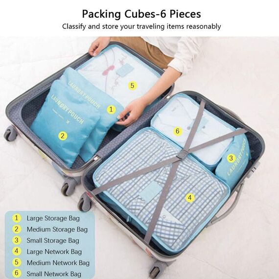 Vicloon Koffer Organizer, 8-in-1-Set Gepäck Organizer, wasserdichte Reise Kleidertaschen umfassen 2 Schuhbeutel, 3 Packwürfel und 3 Aufbewahrungsbeutel, für Kleidung Schuhe Kosmetik - Koreanisch Blau