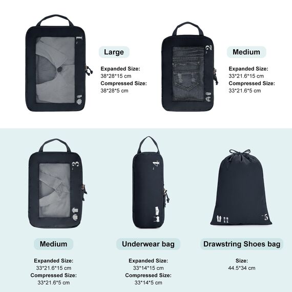 ECOHUB 5 Teilige Kompression Koffer Organizer Set für Rucksack Compression Packing Cubes Packwürfel Kofferorganizer Packtaschen Kleidertaschen für Koffer Reiseorganizer(Dunkelblau)