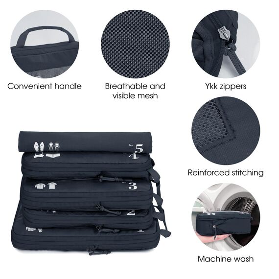 ECOHUB 5 Teilige Kompression Koffer Organizer Set für Rucksack Compression Packing Cubes Packwürfel Kofferorganizer Packtaschen Kleidertaschen für Koffer Reiseorganizer(Dunkelblau)