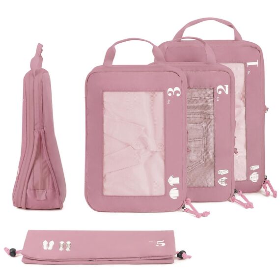 ECOHUB 5 Teilige Kompression Koffer Organizer Set für Rucksack Compression Packing Cubes Packwürfel Kofferorganizer Packtaschen Kleidertaschen für Koffer Reiseorganizer(Rosa)