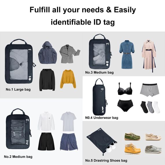 ECOHUB 5 Teilige Kompression Koffer Organizer Set für Rucksack Compression Packing Cubes Packwürfel Kofferorganizer Packtaschen Kleidertaschen für Koffer Reiseorganizer(Dunkelblau)