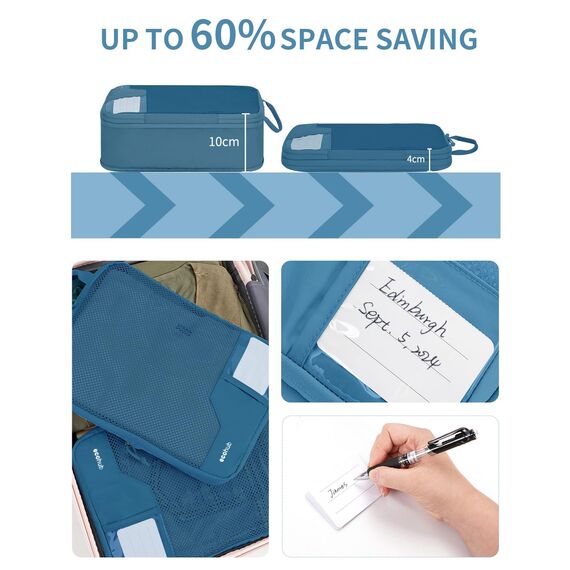 ECOHUB 4-Teilige Kompression Koffer Organizer, Packing Cubes mit Tag, Recycelten Packwürfel Set für Rucksack & Koffer, Maschenverstärkung Packtaschen für Koffer, Reise Organizer, Patent Anhängig(Blau)