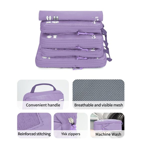 ECOHUB 5 Teilige Kompression Koffer Organizer Set für Rucksack Compression Packing Cubes Packwürfel Kofferorganizer Packtaschen Kleidertaschen für Koffer Reiseorganizer(Helles Violett)