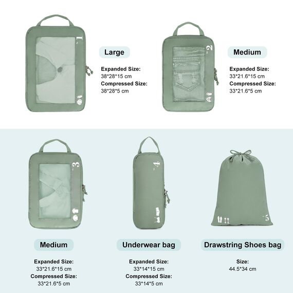ECOHUB 5 Teilige Kompression Koffer Organizer Set für Rucksack Compression Packing Cubes Packwürfel Kofferorganizer Packtaschen Kleidertaschen für Koffer Reiseorganizer(Grün)