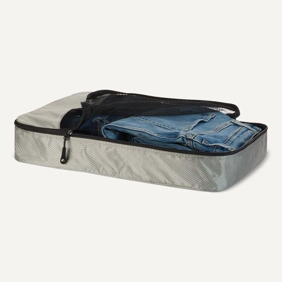 Amazon Essentials 4-teiliges Packwürfel-Reisezubehörset, Gepäckorganizer mit Doppelreißverschluss, Netzoberseite, 100% Polyester, groß, grau (früher Amazon Basics)