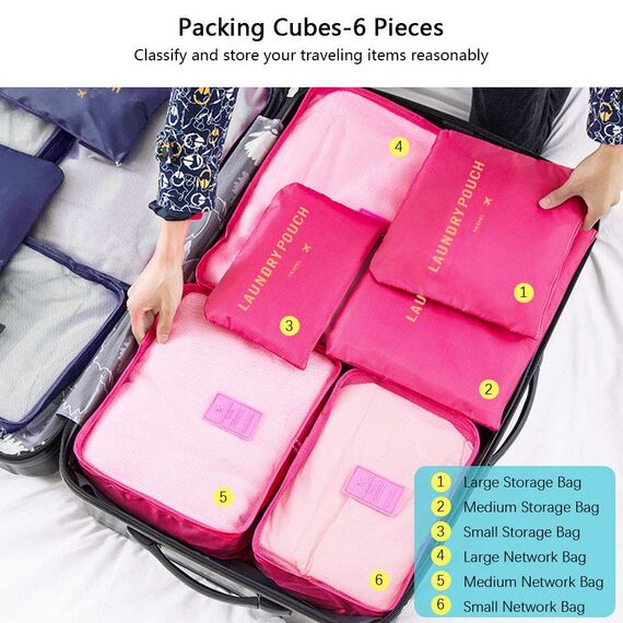Vicloon Koffer Organizer, 8-in-1-Set Gepäck Organizer, wasserdichte Reise Kleidertaschen umfassen 2 Schuhbeutel, 3 Packwürfel und 3 Aufbewahrungsbeutel, für Kleidung Schuhe Kosmetik - Rose Rot