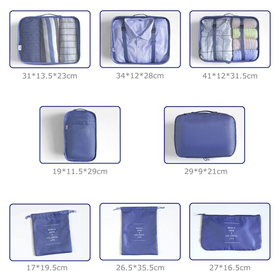 BillyBath Koffer Organizer set, Packing Cubes Kleidertaschen Schuhbeutel Reiseorganizer Packwürfel Kosmetik Travel Organizer Packtaschen für Koffer (8 teilig, Navy)