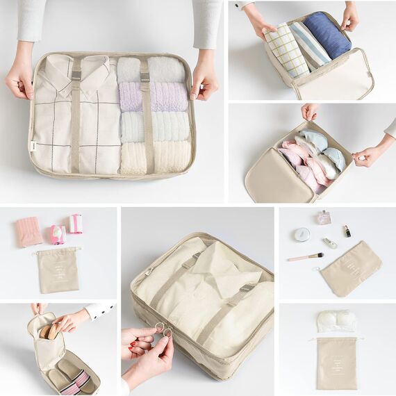 BillyBath Koffer Organizer set, Packing Cubes Kleidertaschen Schuhbeutel Reiseorganizer Packwürfel Kosmetik Travel Organizer Packtaschen für Koffer (8 teilig, Beige)