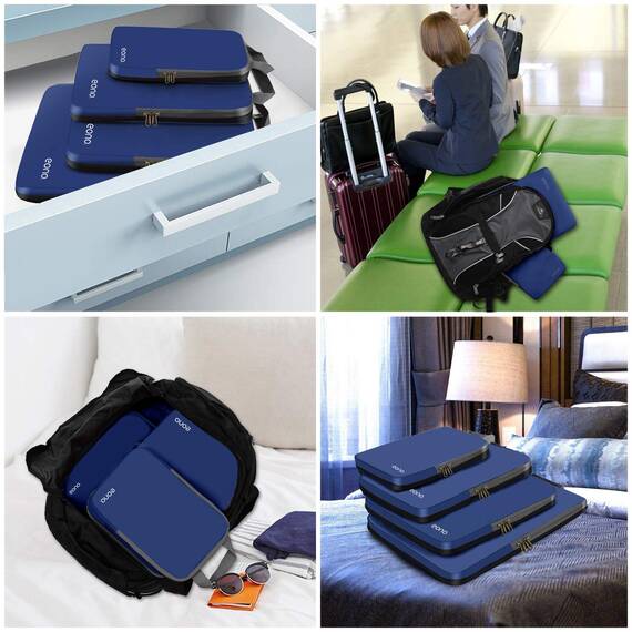 Eono by Amazon - Komprimierbaren Packwürfeln zur Organisation Ihres Reisegepäcks, Compression Packing Cube, Packtaschen Set & Gepäck Organizer für Rucksack & Koffer, Navy, 4-teilig