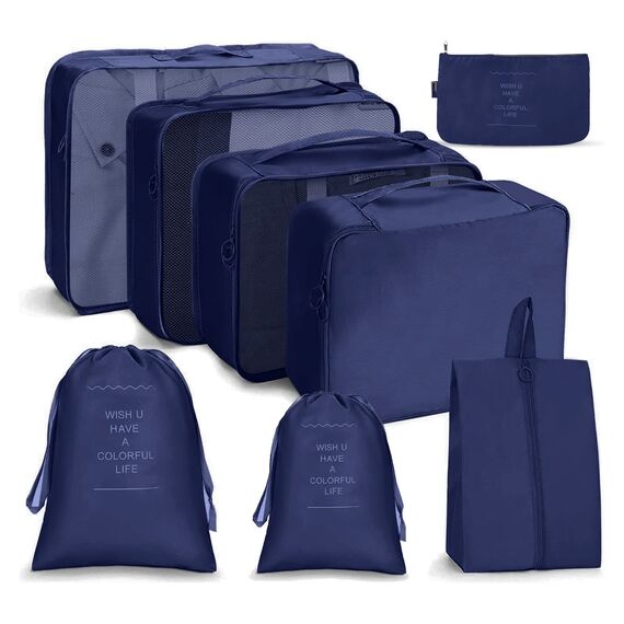 OSDUE Koffer Organizer Set 8-teilig, Packing Cubes, Wasserdichte Reise Kleidertaschen, Packtaschen für koffer, Verpackungswürfel mit Schuhbeutel, USB Kabel Tasche (Navy Blau)