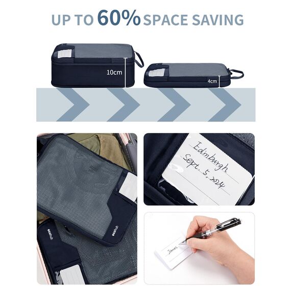 ECOHUB 4-Teilige Kompression Koffer Organizer, Packing Cubes mit Tag, Recycelten Packwürfel Set für Rucksack & Koffer, Maschenverstärkung Packtaschen für Koffer, Patent Anhängig(Dunkelblau)