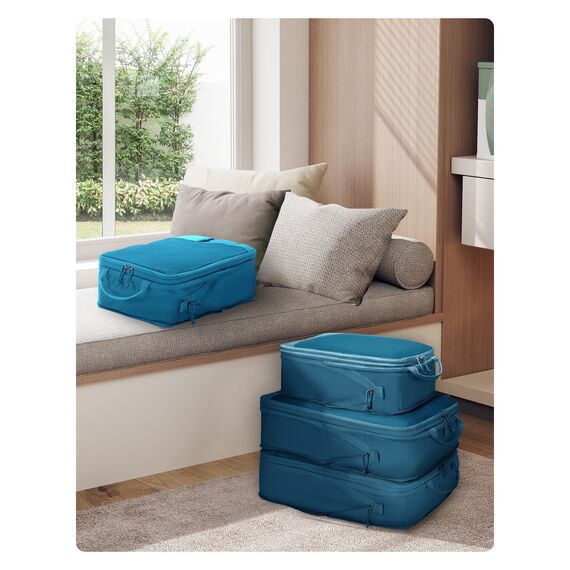 ECOHUB 4-Teilige Kompression Koffer Organizer, Packing Cubes mit Tag, Recycelten Packwürfel Set für Rucksack & Koffer, Maschenverstärkung Packtaschen für Koffer, Reise Organizer, Patent Anhängig(Blau)