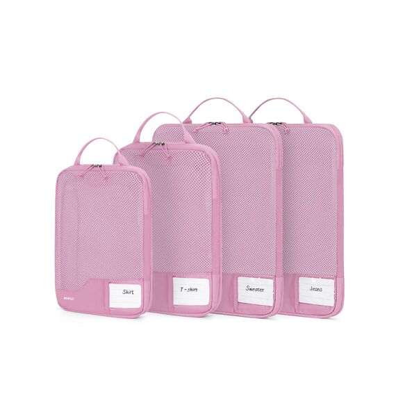 ECOHUB Kompressions-Organizer für Koffer, 4 Stück, recycelte Reisetaschen für Rucksack mit Etikett, reißfester Organizer für Handgepäck, Rosa