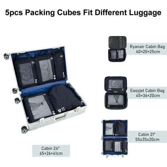 ECOHUB 5 Teilige Kompression Koffer Organizer Set für Rucksack Compression Packing Cubes Packwürfel Kofferorganizer Packtaschen Kleidertaschen für Koffer Reiseorganizer(Dunkelblau)