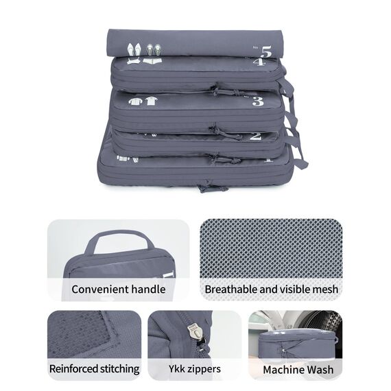 ECOHUB 5 Teilige Kompression Koffer Organizer Set für Rucksack Compression Packing Cubes Packwürfel Kofferorganizer Packtaschen Kleidertaschen für Koffer Reiseorganizer(Dunkles Grau)