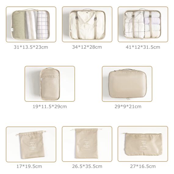 BillyBath Koffer Organizer set, Packing Cubes Kleidertaschen Schuhbeutel Reiseorganizer Packwürfel Kosmetik Travel Organizer Packtaschen für Koffer (8 teilig, Beige)