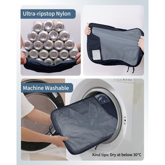 ECOHUB 4-Teilige Kompression Koffer Organizer, Packing Cubes mit Tag, Recycelten Packwürfel Set für Rucksack & Koffer, Maschenverstärkung Packtaschen für Koffer, Patent Anhängig(Dunkelblau)