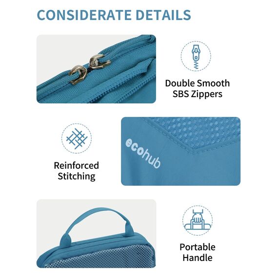 ECOHUB 4-Teilige Kompression Koffer Organizer, Packing Cubes mit Tag, Recycelten Packwürfel Set für Rucksack & Koffer, Maschenverstärkung Packtaschen für Koffer, Reise Organizer, Patent Anhängig(Blau)