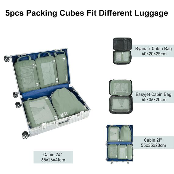 ECOHUB 5 Teilige Kompression Koffer Organizer Set für Rucksack Compression Packing Cubes Packwürfel Kofferorganizer Packtaschen Kleidertaschen für Koffer Reiseorganizer(Grün)