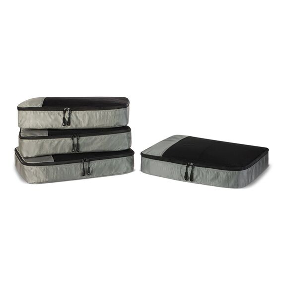 Amazon Essentials 4-teiliges Packwürfel-Reisezubehörset, Gepäckorganizer mit Doppelreißverschluss, Netzoberseite, 100% Polyester, groß, grau (früher Amazon Basics)