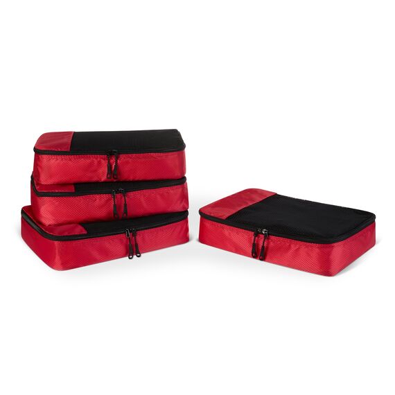 Amazon Essentials 4-teiliges Packwürfel-Reisezubehörset, Gepäckorganizer mit doppeltem Reißverschluss, Netzoberseite, Polyester, mittelgroß, rot (früher Amazon Basics)