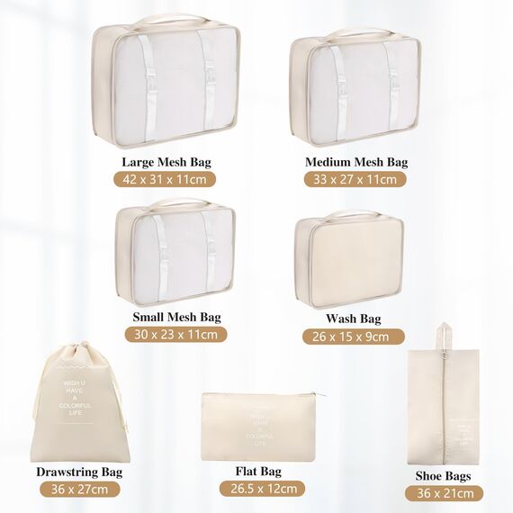 7-Teiliges Koffer Organizer Set - Packing Cubes für Kleidung, Ordnungssystem Mit Kosmetiktasche, Schuhbeutel, Travel Packtaschen (Beige)