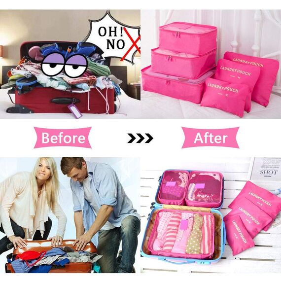 Vicloon Koffer Organizer, 8-in-1-Set Gepäck Organizer, wasserdichte Reise Kleidertaschen umfassen 2 Schuhbeutel, 3 Packwürfel und 3 Aufbewahrungsbeutel, für Kleidung Schuhe Kosmetik - Rose Rot