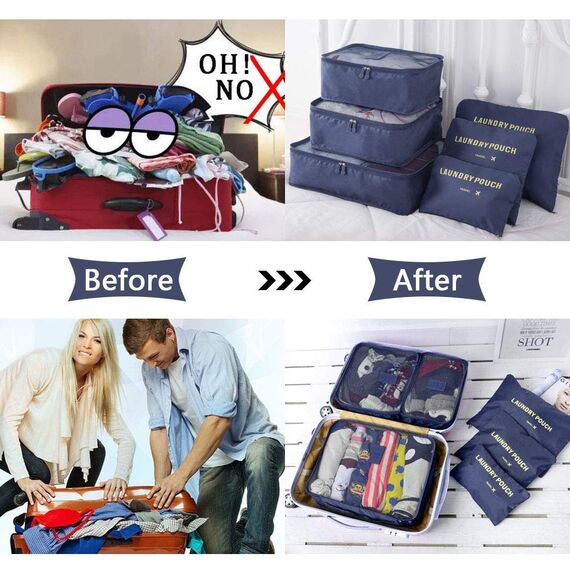 Vicloon Koffer Organizer, 8-in-1-Set Gepäck Organizer, wasserdichte Reise Kleidertaschen umfassen 2 Schuhbeutel, 3 Packwürfel und 3 Aufbewahrungsbeutel, für Kleidung Schuhe Kosmetik - Dunkelblau