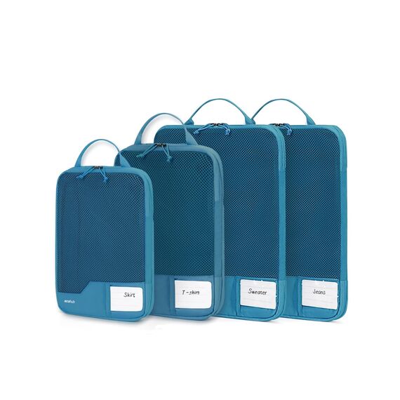ECOHUB 4-Teilige Kompression Koffer Organizer, Packing Cubes mit Tag, Recycelten Packwürfel Set für Rucksack & Koffer, Maschenverstärkung Packtaschen für Koffer, Reise Organizer, Patent Anhängig(Blau)