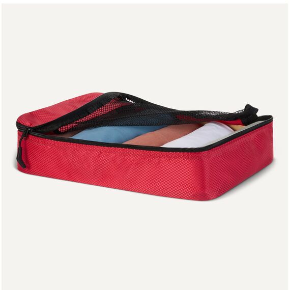 Amazon Essentials 4-teiliges Packwürfel-Reisezubehörset, Gepäckorganizer mit doppeltem Reißverschluss, Netzoberseite, Polyester, klein/mittel/groß/schmal, rot (früher Amazon Basics)