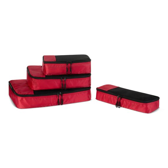 Amazon Essentials 4-teiliges Packwürfel-Reisezubehörset, Gepäckorganizer mit doppeltem Reißverschluss, Netzoberseite, Polyester, klein/mittel/groß/schmal, rot (früher Amazon Basics)