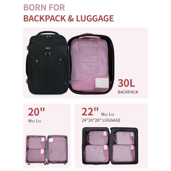 ECOHUB Kompressions-Organizer für Koffer, 4 Stück, recycelte Reisetaschen für Rucksack mit Etikett, reißfester Organizer für Handgepäck, Rosa