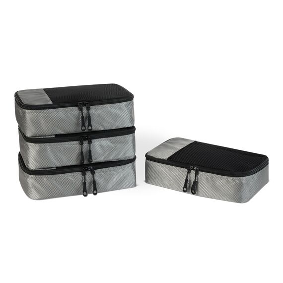 Amazon Essentials 4-teiliges Packwürfel-Reisezubehörset, Gepäckorganizer mit Doppelreißverschluss, Netzoberseite, Polyester, klein, grau (früher Amazon Basics)