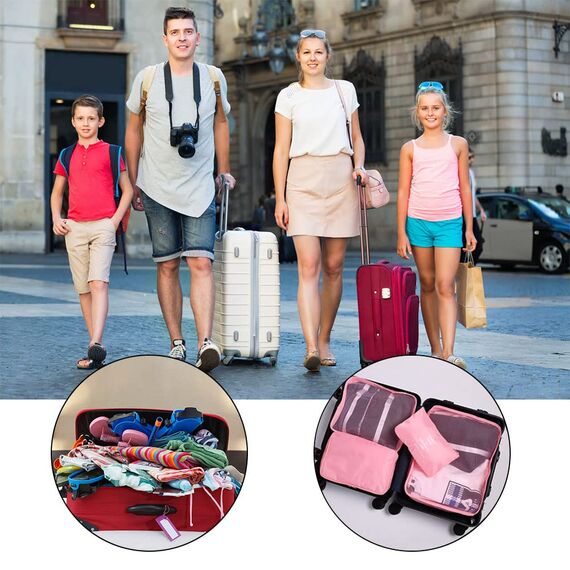 OSDUE Koffer Organizer Set 8-teilig, Packing Cubes, wasserdichte Reise Kleidertaschen, Packtaschen für Koffer, Verpackungswürfel mit Schuhbeutel, USB Kabel Tasche (Rosa)