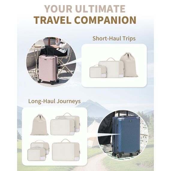 ECOHUB Koffer Organizer Set, 6-teilige Packing Cubes mit ID-Tag, Recycelte Packwürfel für Reisen, Leichte Packtaschen für Koffer, Atmungsaktiver Travel Rucksack Organizer, Patent anhängig(Beige)