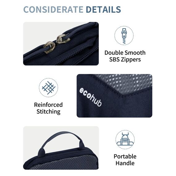 ECOHUB 4-Teilige Kompression Koffer Organizer, Packing Cubes mit Tag, Recycelten Packwürfel Set für Rucksack & Koffer, Maschenverstärkung Packtaschen für Koffer, Patent Anhängig(Dunkelblau)