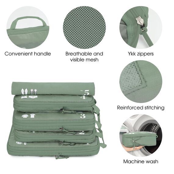 ECOHUB 5 Teilige Kompression Koffer Organizer Set für Rucksack Compression Packing Cubes Packwürfel Kofferorganizer Packtaschen Kleidertaschen für Koffer Reiseorganizer(Grün)