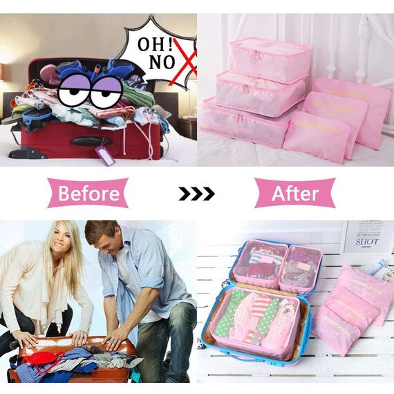 Vicloon Koffer Organizer, 8-in-1-Set Gepäck Organizer, Wasserdichte Reise Kleidertaschen umfassen 2 Schuhbeutel, 3 Packwürfel und 3 Aufbewahrungsbeutel, für Kleidung Schuhe Unterwäsche Kosmetik - Rosa