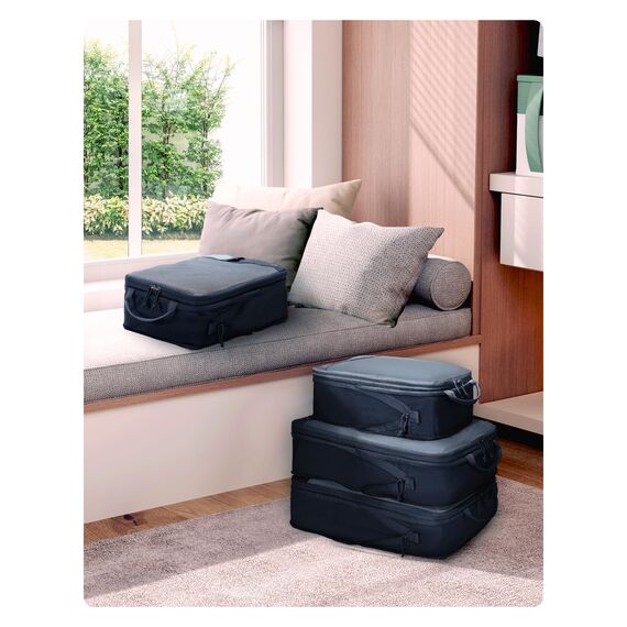 ECOHUB 4-Teilige Kompression Koffer Organizer, Packing Cubes mit Tag, Recycelten Packwürfel Set für Rucksack & Koffer, Maschenverstärkung Packtaschen für Koffer, Patent Anhängig(Dunkelblau)