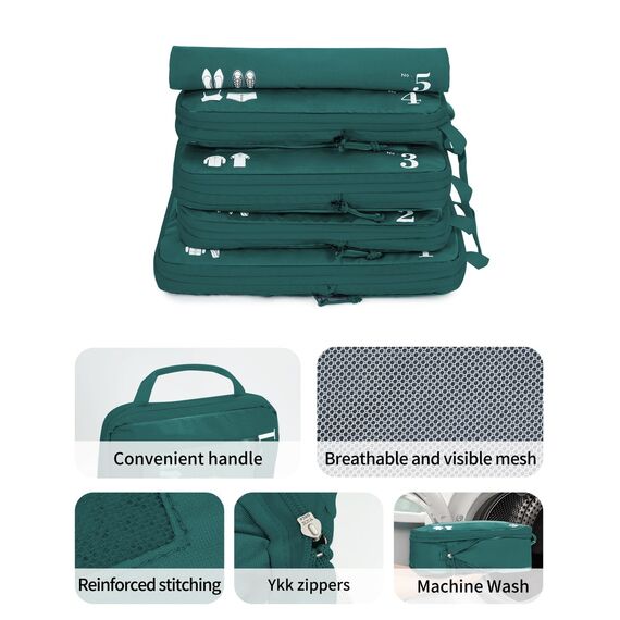 ECOHUB 5 Teilige Kompression Koffer Organizer Set für Rucksack Compression Packing Cubes Packwürfel Kofferorganizer Packtaschen Kleidertaschen für Koffer Reiseorganizer(Dunkles Grün)
