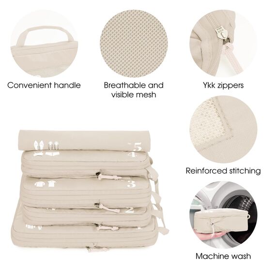 ECOHUB 5 Teilige Kompression Koffer Organizer Set für Rucksack Compression Packing Cubes Packwürfel Kofferorganizer Packtaschen Kleidertaschen für Koffer Reiseorganizer(Beige)
