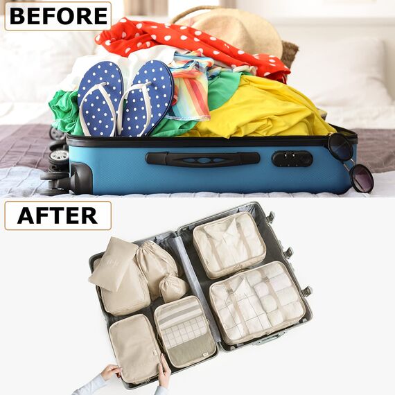 BillyBath Koffer Organizer set, Packing Cubes Kleidertaschen Schuhbeutel Reiseorganizer Packwürfel Kosmetik Travel Organizer Packtaschen für Koffer (8 teilig, Beige)