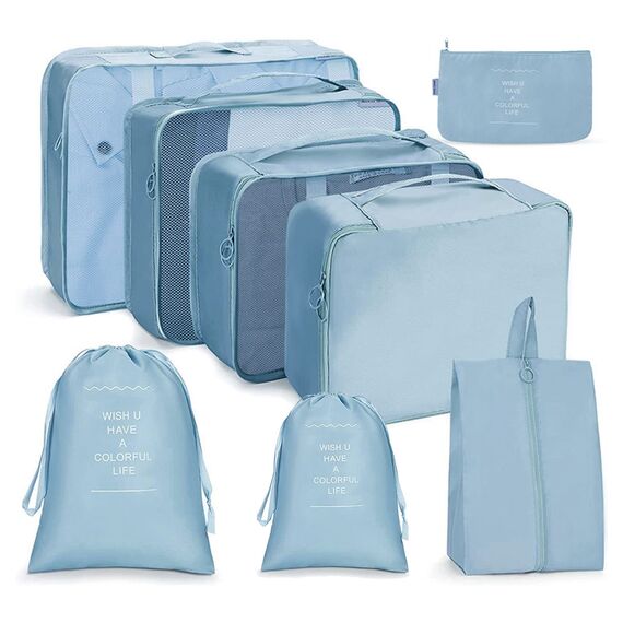 OSDUE Koffer Organizer Set 8-teilig, Packing Cubes, Wasserdichte Reise Kleidertaschen, Packtaschen für koffer, Verpackungswürfel mit Schuhbeutel, USB Kabel Tasche (Blauer See)