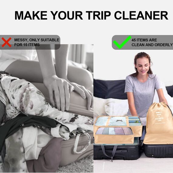 Jsdoin Koffer Organizer Set 9-teilig, Wasserdichte Reise Kleidertaschen, Packtaschen für koffer, Verpackungswürfel mit Kosmetiktasche, Schuhbeutel, Packing Cubes,Reisezubehör (Beige, 9 Pcs)